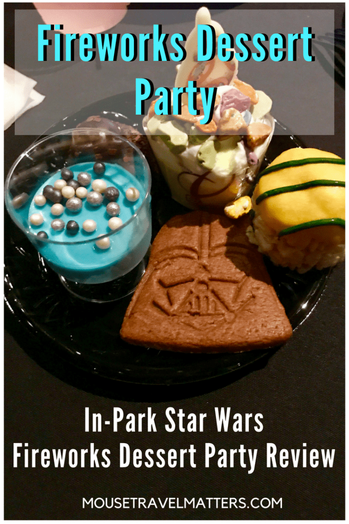 Fireworks Dessert Party; At present Disney is offering the Star Wars: A Galactic Spectacular Dessert Party at Hollywood Studios, and the Frozen Ever After Dessert Party at Epcot, which pairs desserts and a ride on the Frozen Ever After attraction with a showing of IllumiNations.