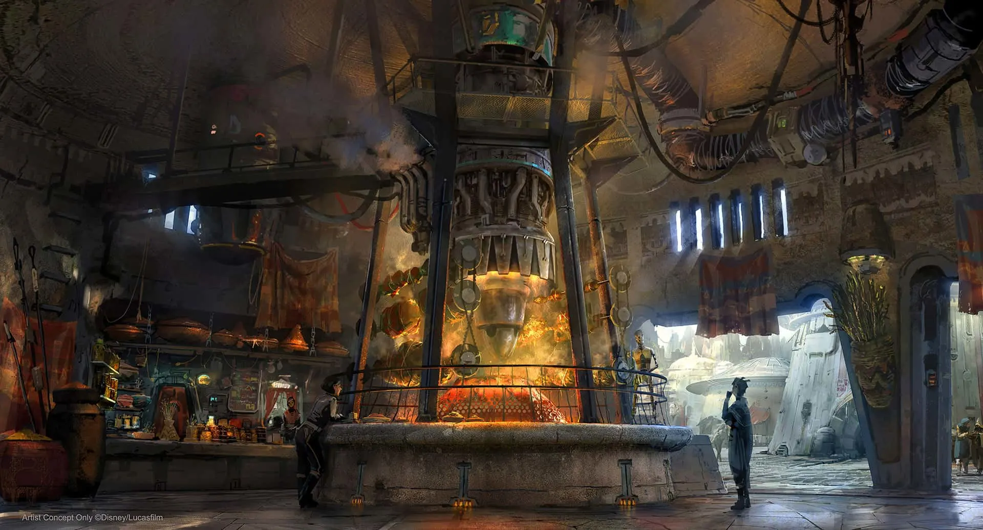 Concept art of Ronto Roasters, featuring meats spit-roasted over a former podracer engine. (Disney Parks)