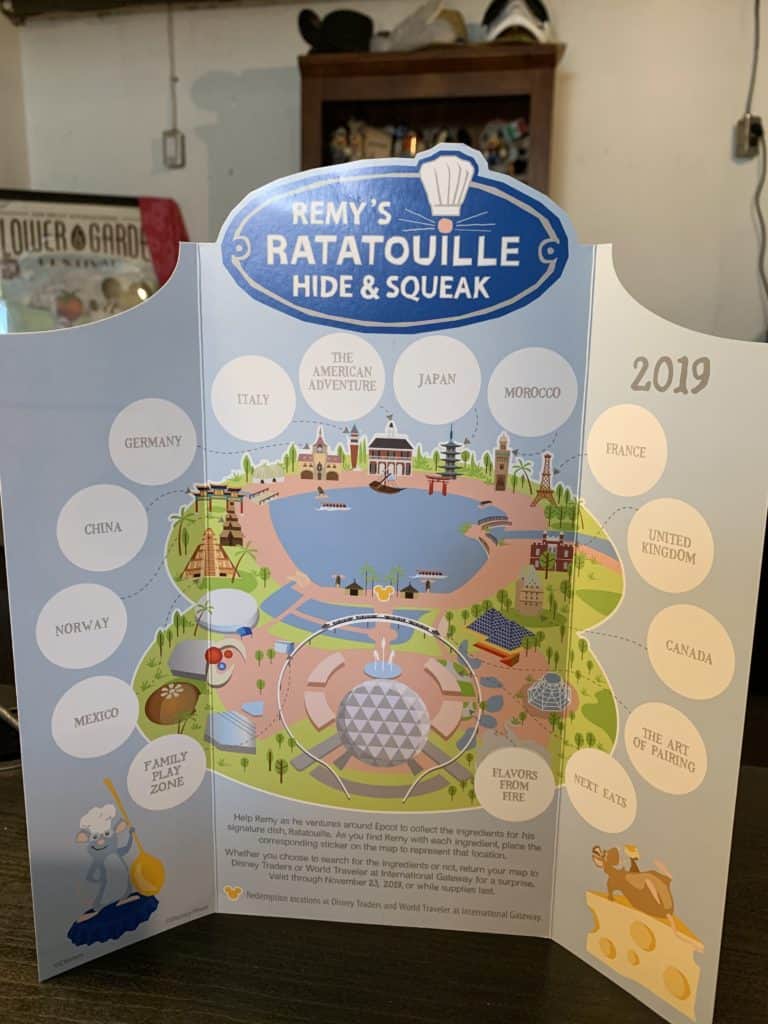 Remy from Ratatouille “hide and squeak” scavenger hunt at the 2019 Epcot international food and wine festival.