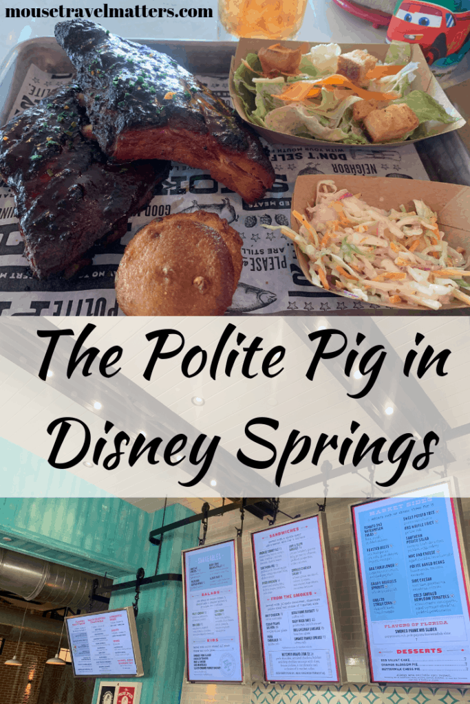 Get the scoop on The Polite Pig in Disney Springs! This new restaurant is one of the best uses of a Quick Service credit on the Disney Dining Plan and offers cocktails and barbecue ribs, chicken, and more. One my new favorite Disney World restaurants! #politepig #disneysprings #disneydining #disneyworldrestaurants #disneyworldrestaurants #disneydiningreview #politepigreview
