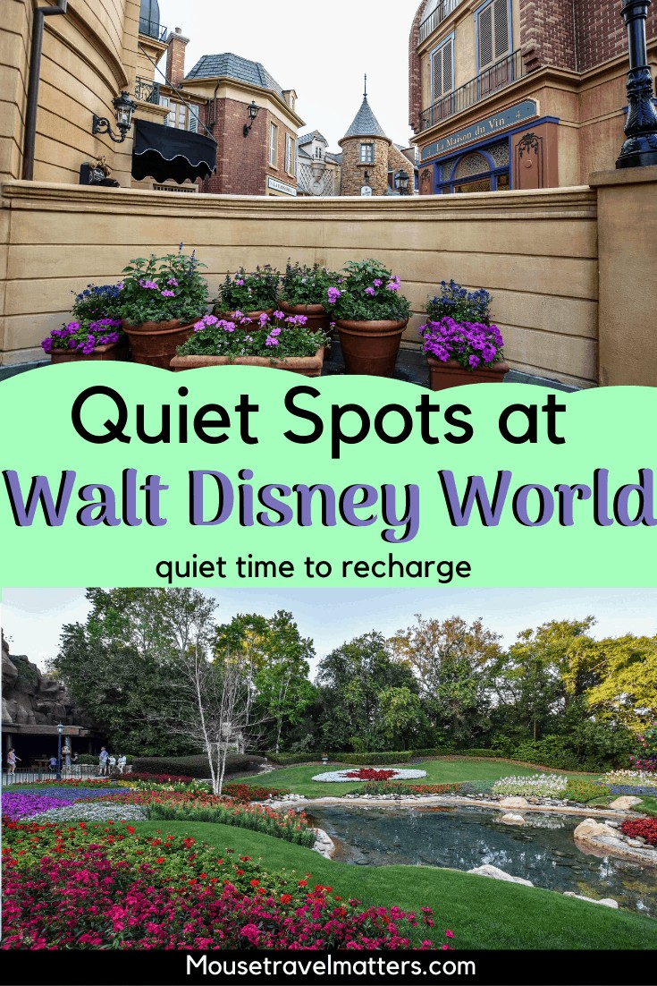 Here are 10+ places that I have found around Walt Disney World Parks that allow you to rest. They are out of the way and semi quiet, some are down right peaceful. Find your spot to take a break and rest at Magic Kingdom, Epcot, Animal Kingdom, and Disney's Hollywood Studios.