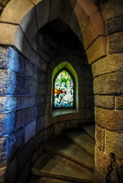 Inside Sleeping Beauty Castle you will find a sleeping dragon & the story of Aurora told through stained glass & tapestries along with a dragon's lair!