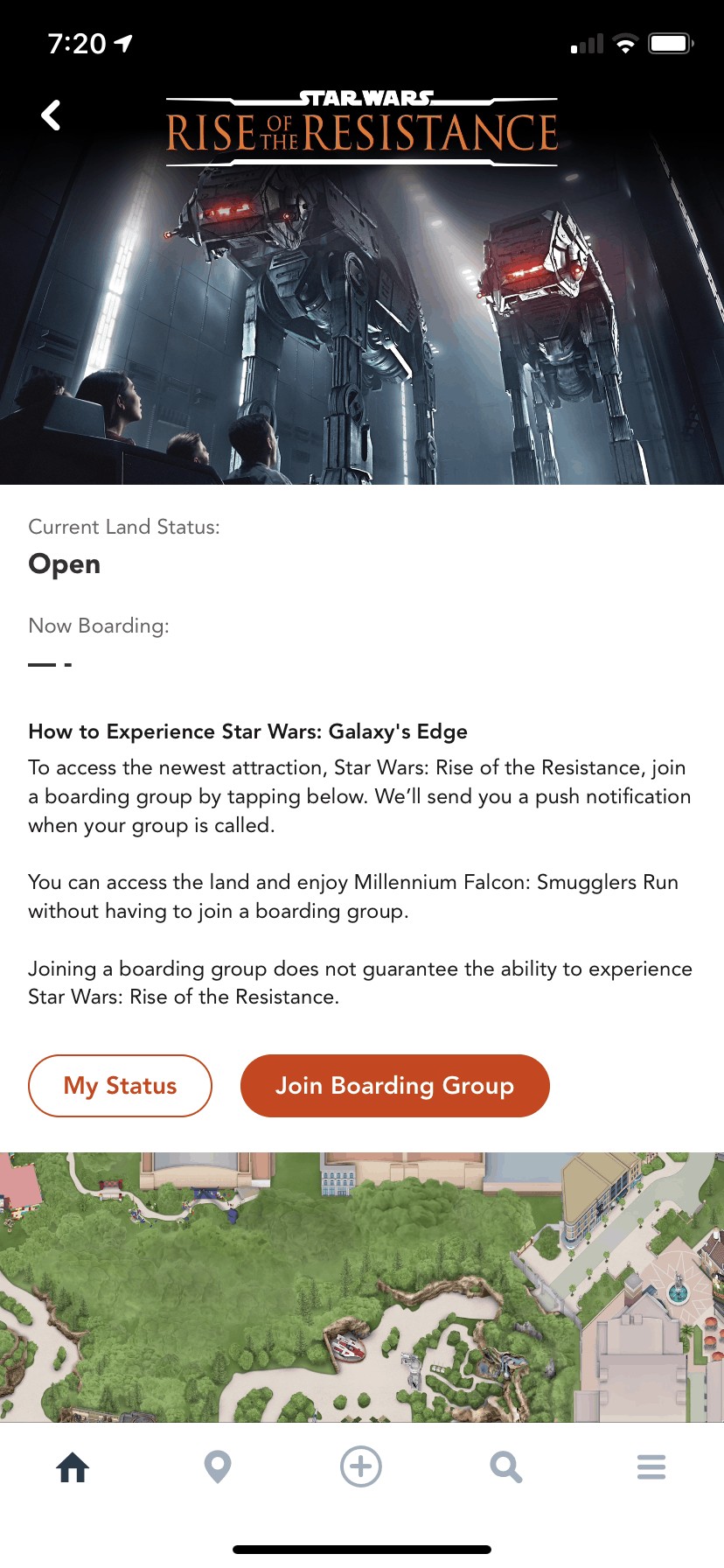 Procedure for getting on the ride; Rise of the Resistance at Disney's