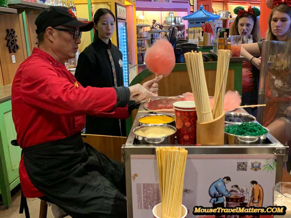 These unique and beautiful sugar creations were introduced at House of Good Fortune merchandise location in the China Pavilion  by Wenbo Zhang. Artisan Cotton Candy at Epcot.