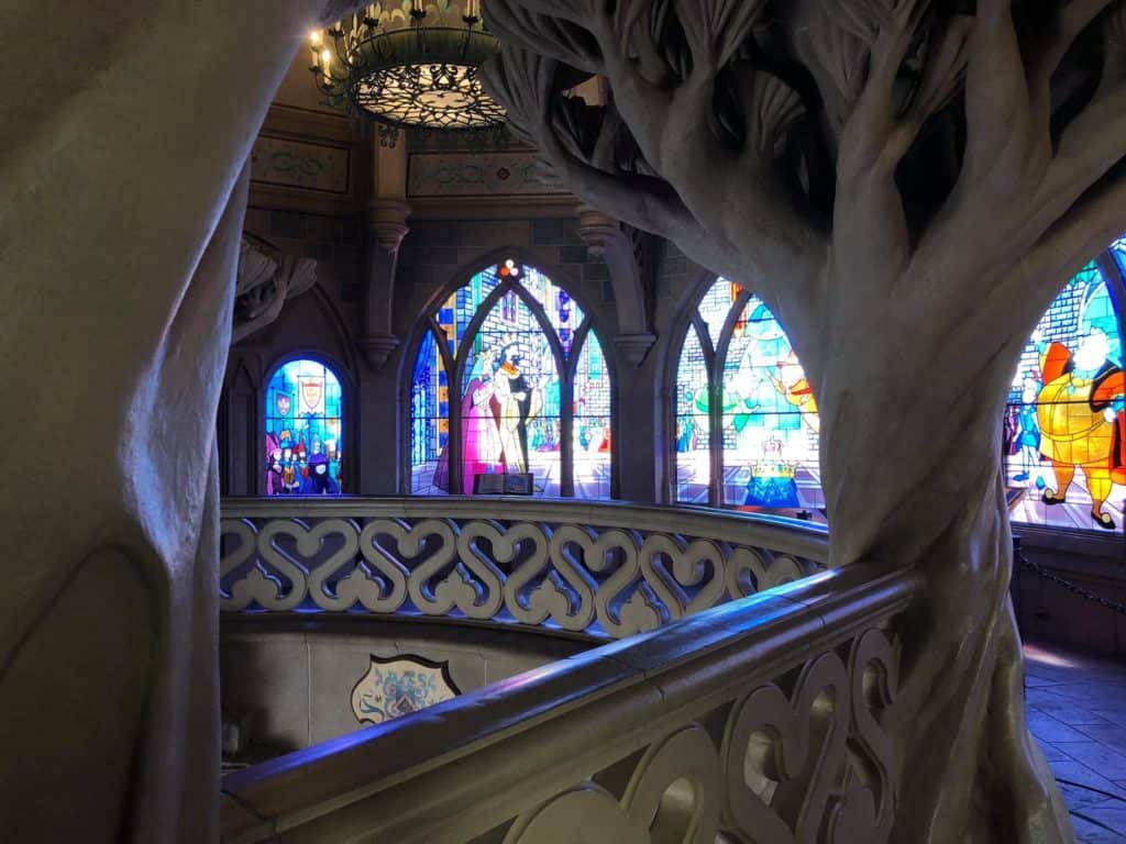 Inside Sleeping Beauty Castle you will find a sleeping dragon & the story of Aurora told through stained glass & tapestries along with a dragon's lair!