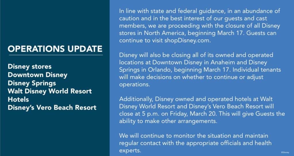 Disney Operations Update | Walt Disney World Resort Hotels, Downtown Disney, Disney Springs, Disney's Vero Beach Resort COVID-19 Closure