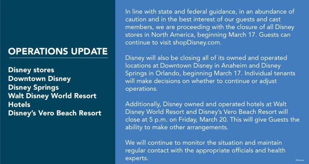 Disney Operations Update | Walt Disney World Resort Hotels, Downtown Disney, Disney Springs, Disney's Vero Beach Resort COVID-19 Closure